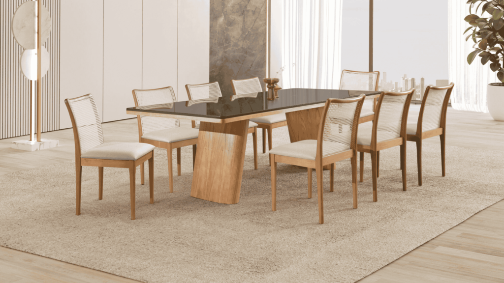 Mesa de Jantar Sevilha 2,20 x 1,10m com base orgânica em madeira maciça. Descubra na Móveis Bom Jesus. Vamos conversar?