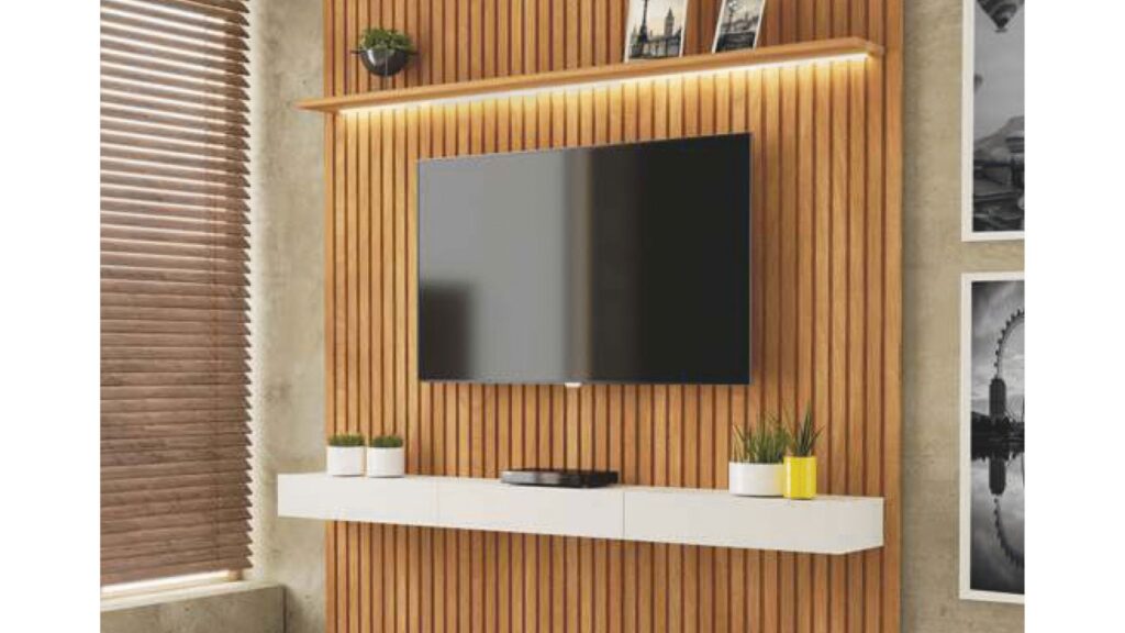 Painel Ripado c/ Rack Suspenso BJ Prateleira e LED 2,31m 100% MDF